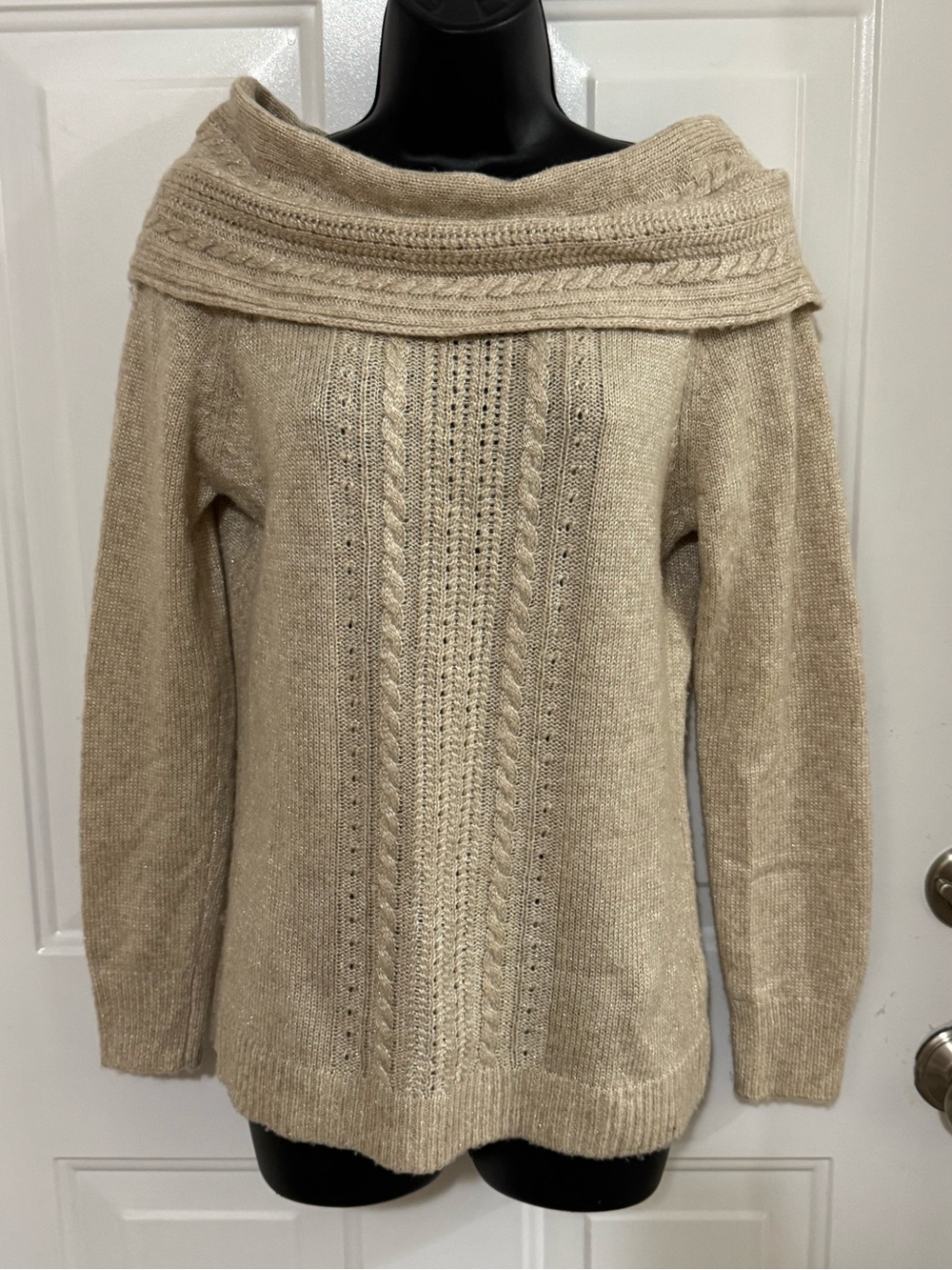 Beige Off-Shoulder Cable Knit Sweater metallic thread accent